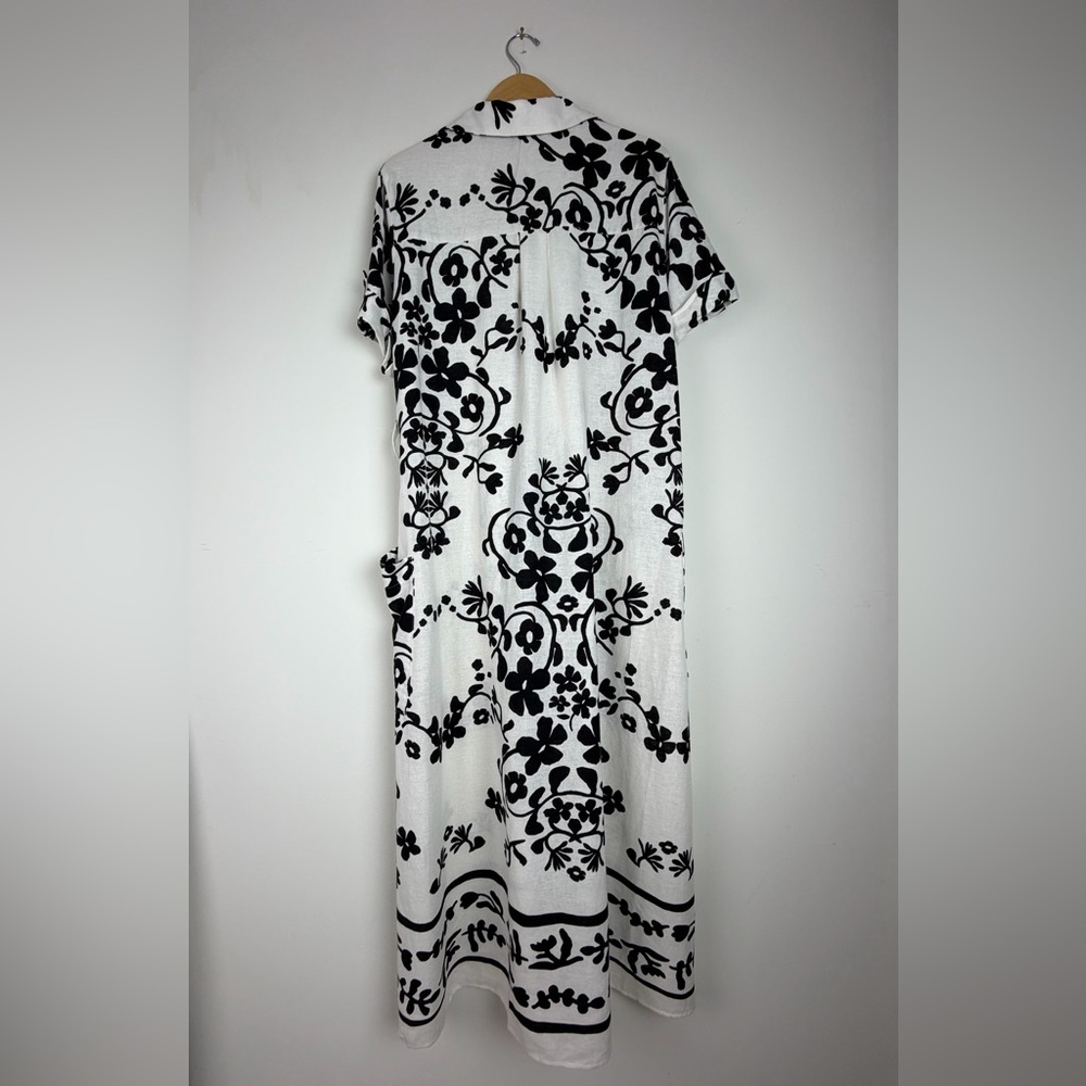 Linen Blend Zara Shirt Dress Minimalist Black White Print Button Down Pockets XL - Picture 8 of 16